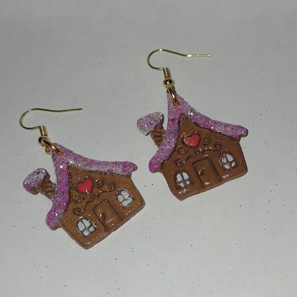 Pink Gingerbread House Earrings - Picture 1 of 3